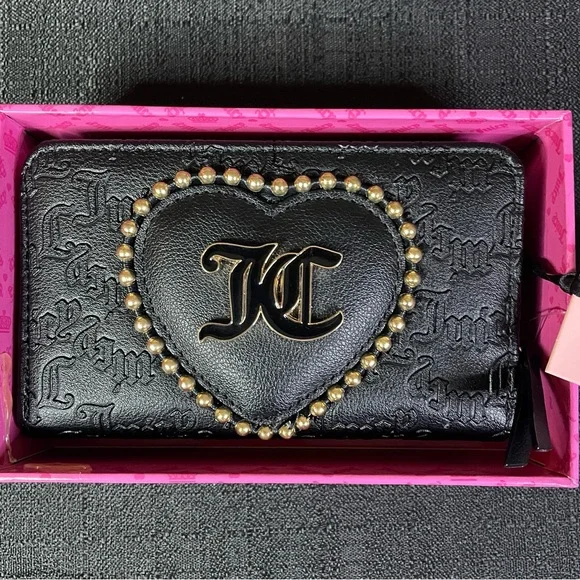 Juicy Couture Black Faux Leather Gold Bifold Beaded Heart Wallet Zipper NEW NWT - Picture 2 of 14
